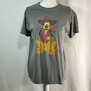 Disney Pluto Cowboy Graphic T Shirt Adult Gray Cotton Crew Neck Tee